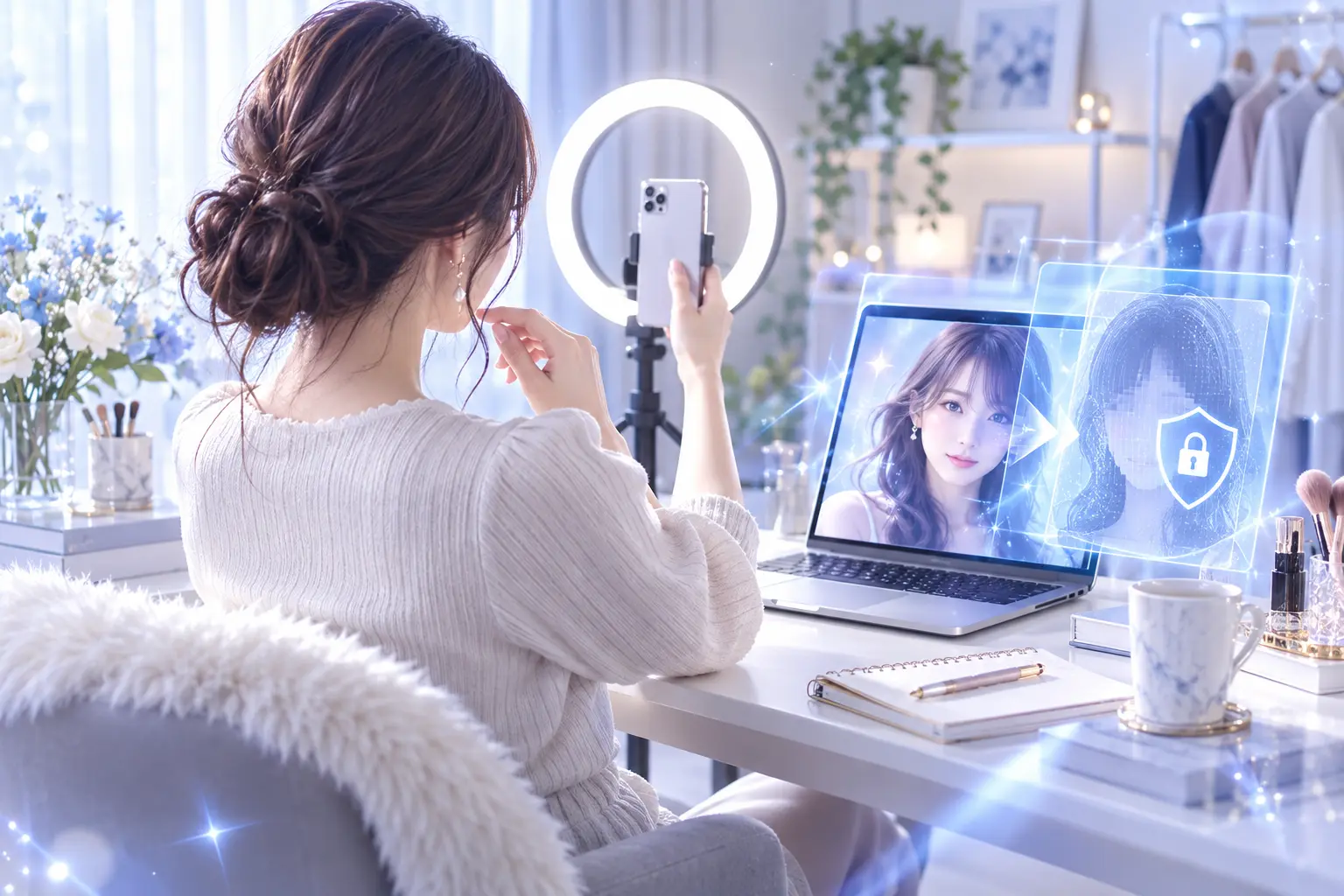 AI加工を確認しながら撮影する女性